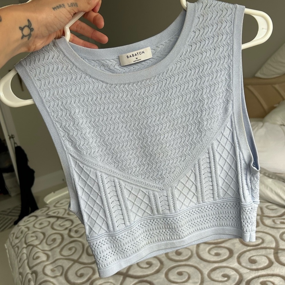 Babaton Light Blue Textured Knit Crop Top